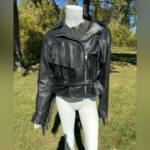 Y2K Interstate Black Leather Fringe Jacket Sexy Biker Interstate Asymmet…